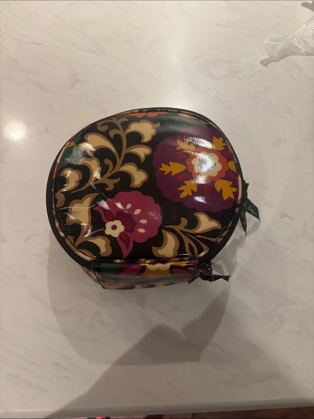 Vera Bradley Floral Pattern Round Cosmetic Bag in Black and Purple